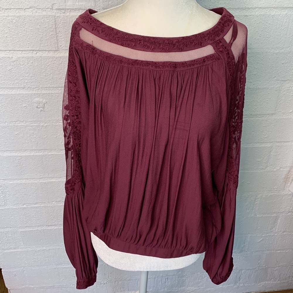 Free People Embroidered Wine Sheer Long Sleeve Blouse size Small
